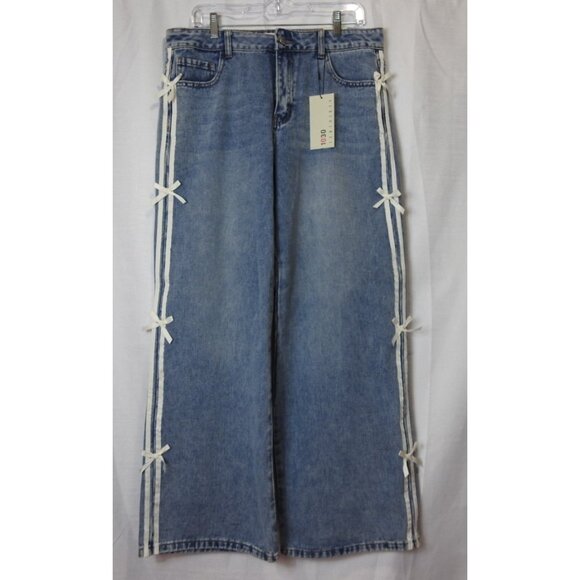 New Women's Wide Leg Jeans White Ribbon Bow Accent Sz 11 30 TenThirty - Picture 1 of 12